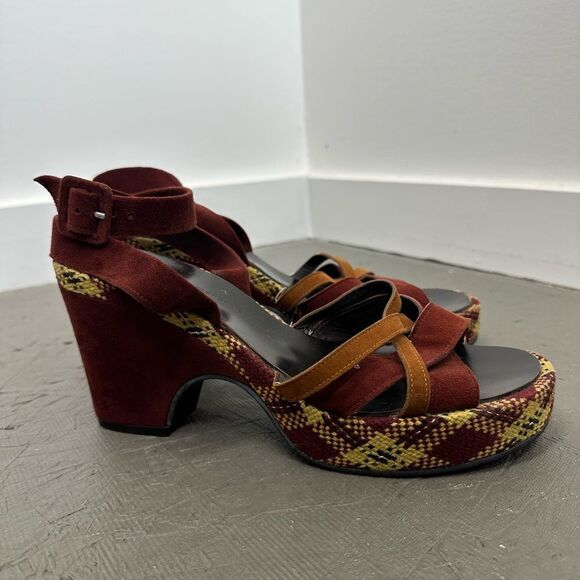 Robert Clergerie Burgundy Red Suede Plaid Platform Strappy Heel Sandals Size 39 - Picture 2 of 11